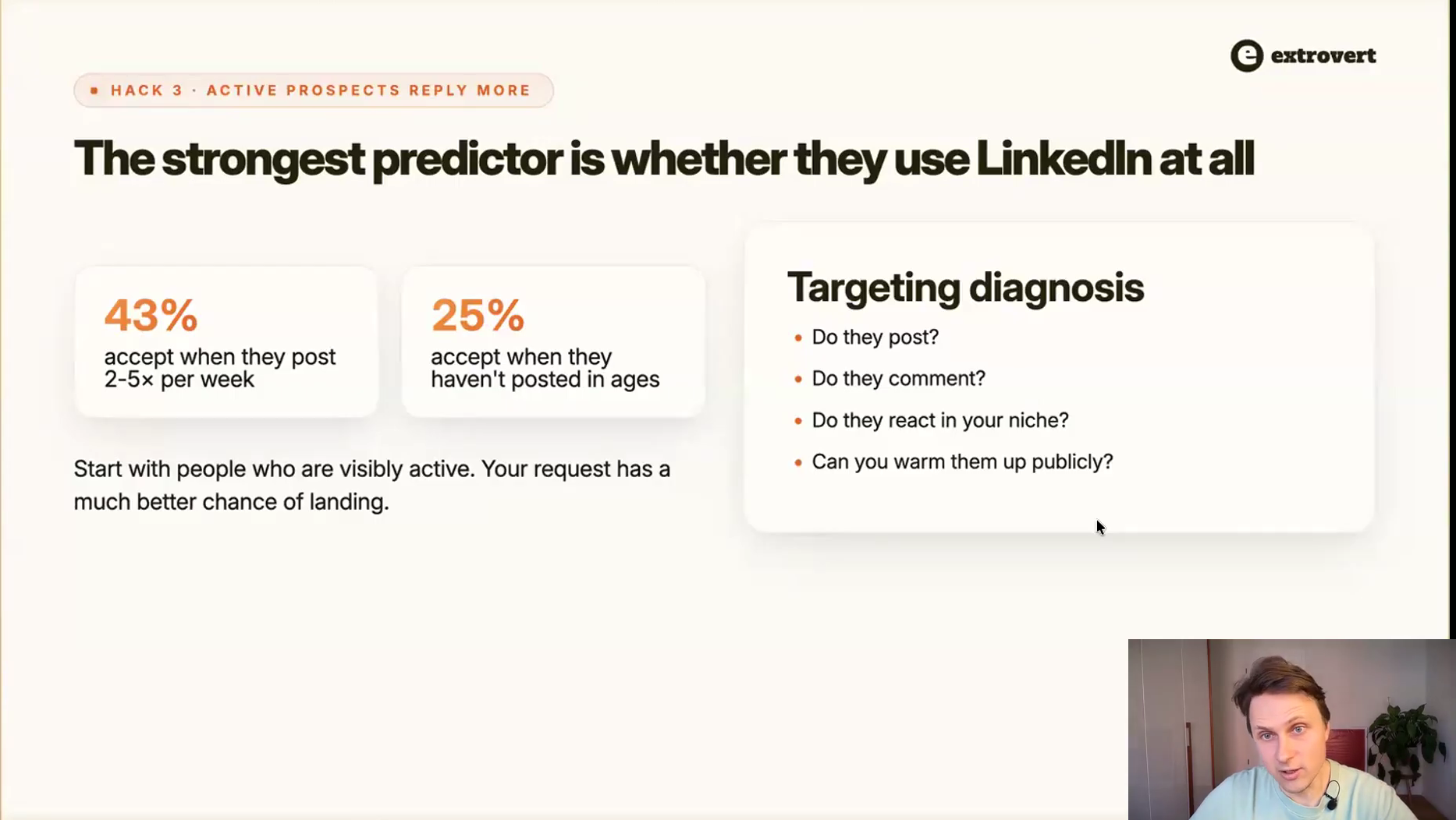 Extrovert slide comparing acceptance rates for active versus dormant prospects, with a targeting diagnosis checklist