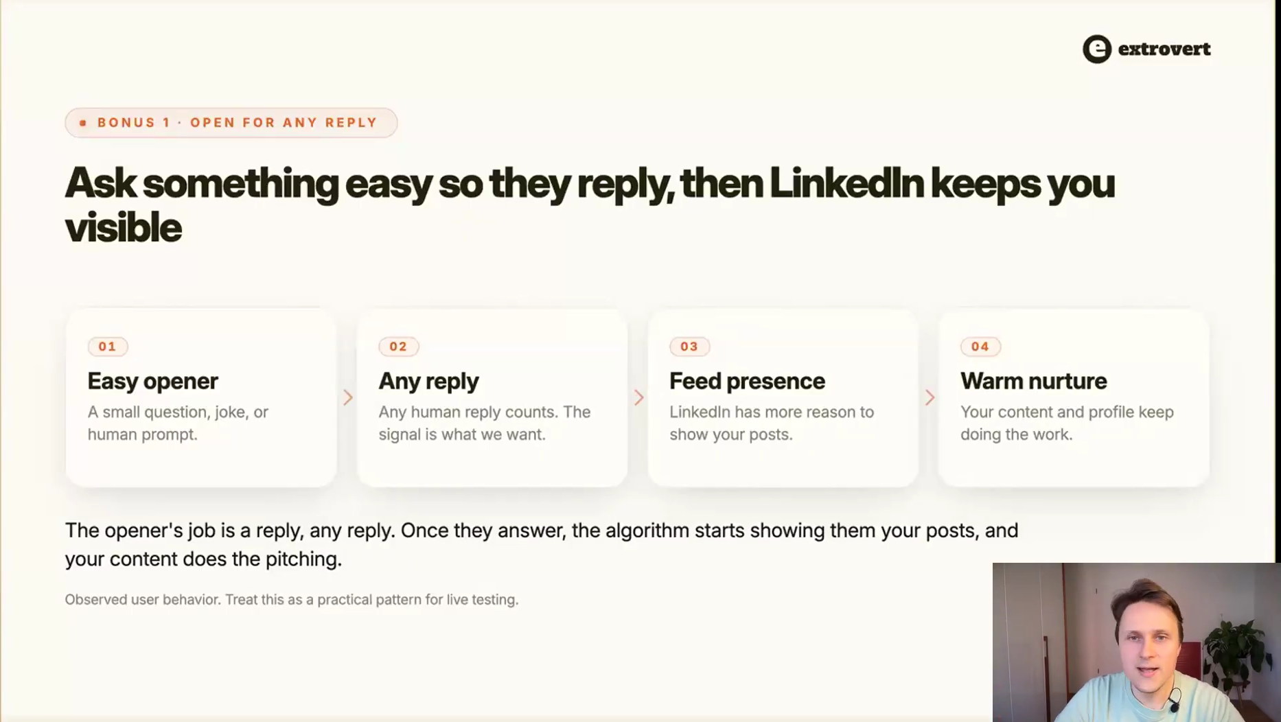Extrovert slide: easy opener leads to any reply, which leads to feed presence, which keeps nurturing warm