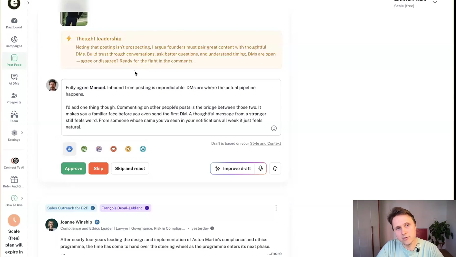 Extrovert comment draft with approve, skip and improve-draft controls, based on the user's style and context