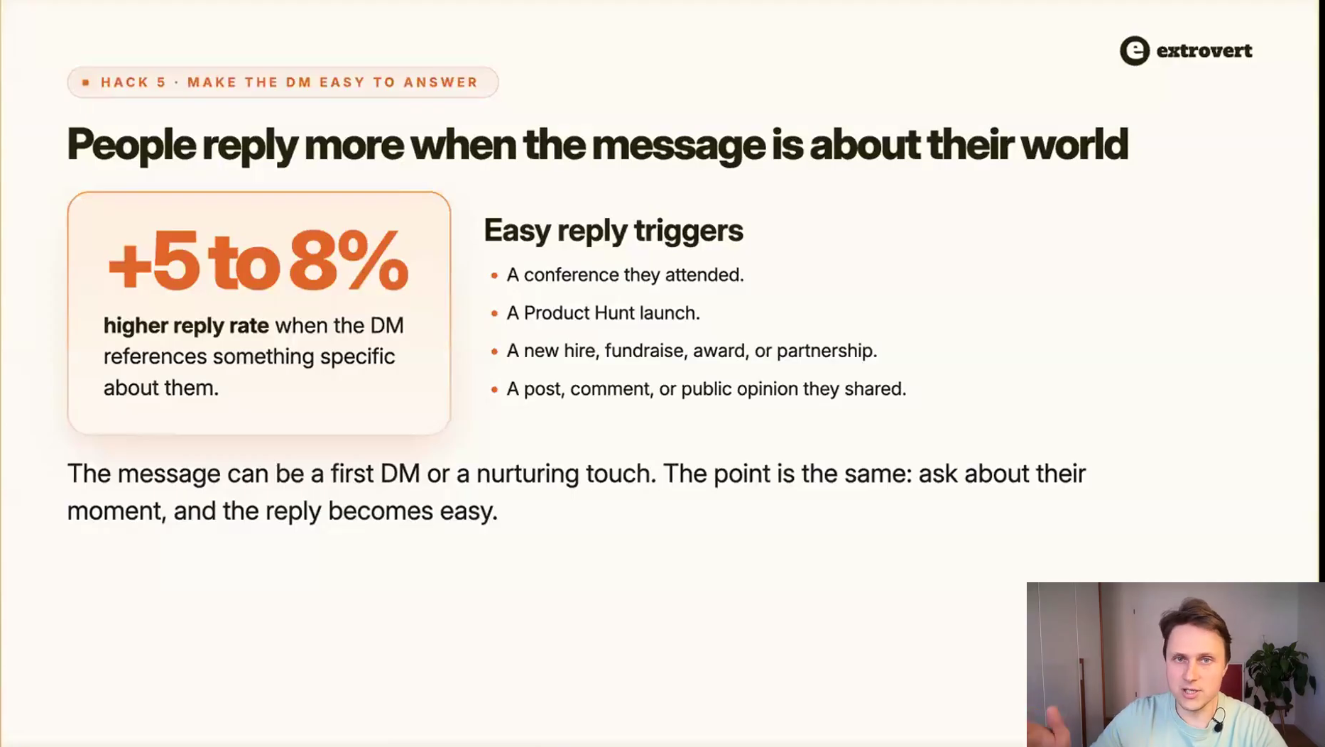 Extrovert slide: a DM referencing something specific about the prospect lifts reply rate by 5 to 8 points, with a list of easy reply triggers