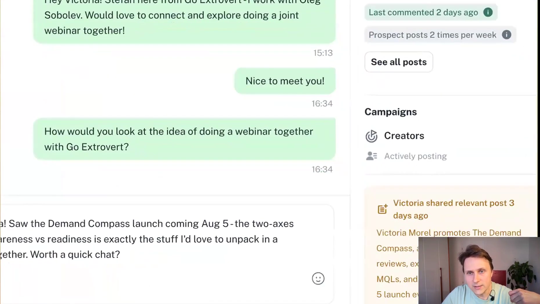 Extrovert AI DMs view showing a context trigger, the prospect's posting frequency and a drafted follow-up
