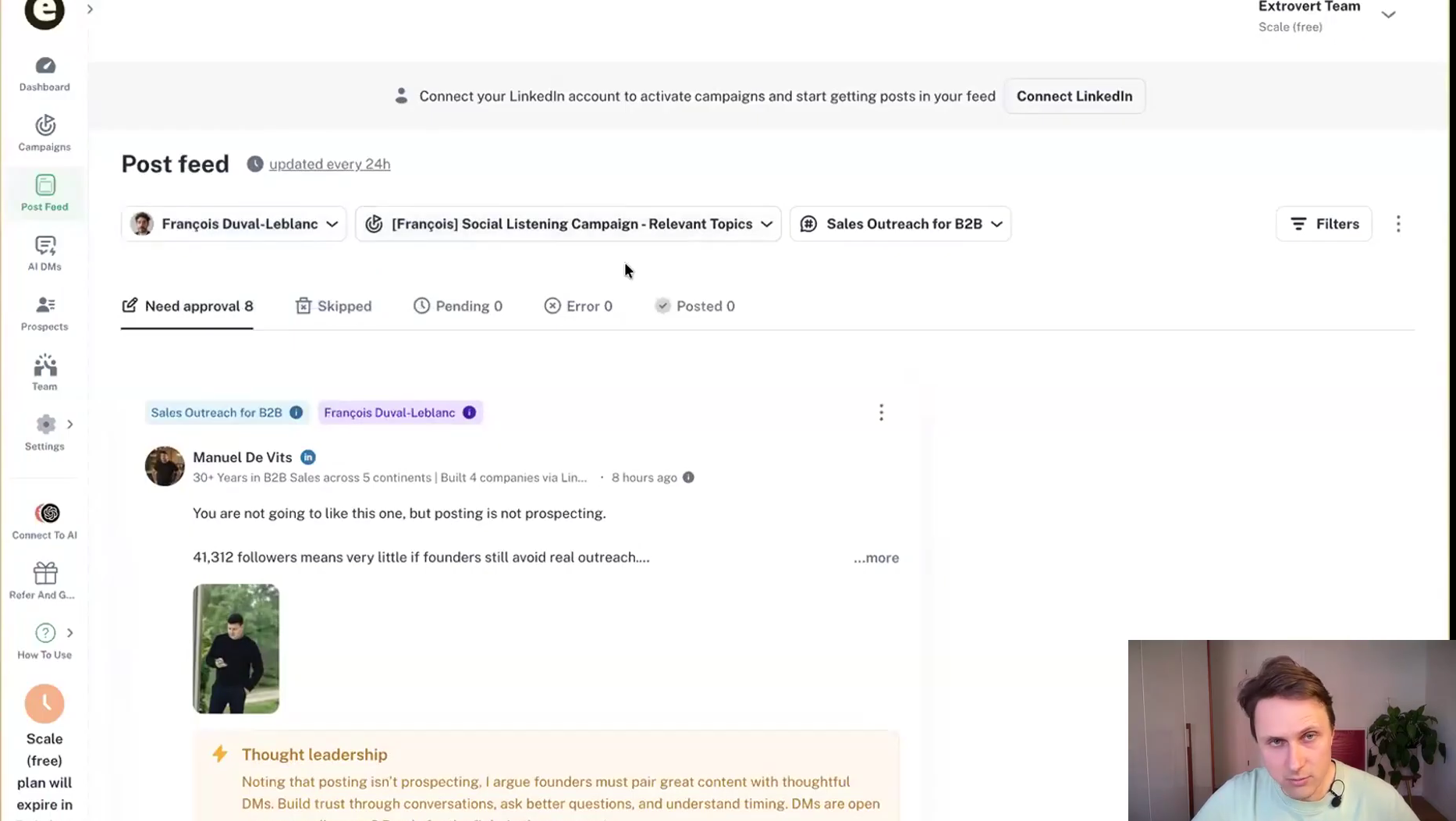 Extrovert post feed showing a prospect's post with an AI-drafted comment waiting for approval