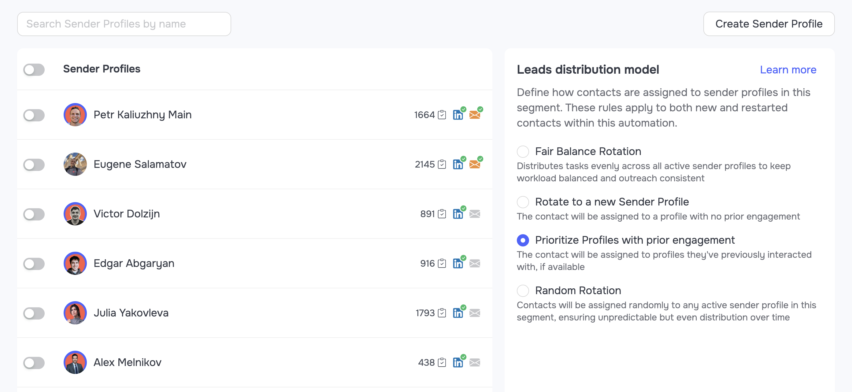 Prior-engagement lead distribution in GetSales routing leads to the connected sender