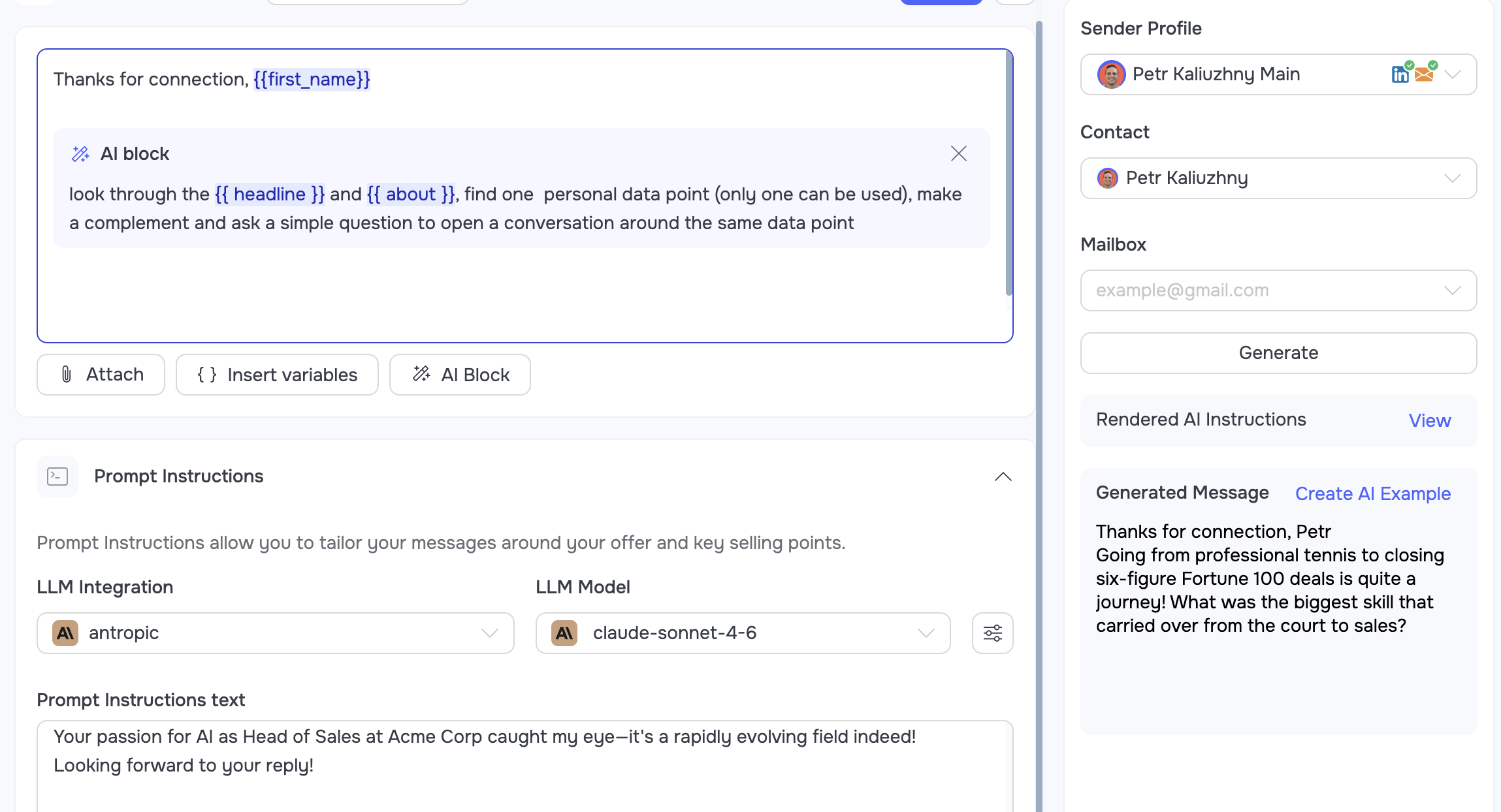AI icebreaker generated from a headline and About section in GetSales