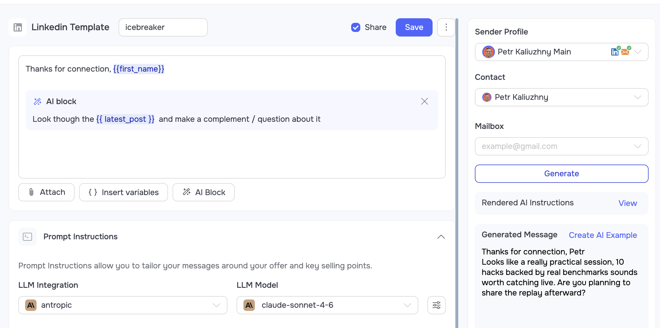 AI icebreaker generated from a recent LinkedIn post in GetSales
