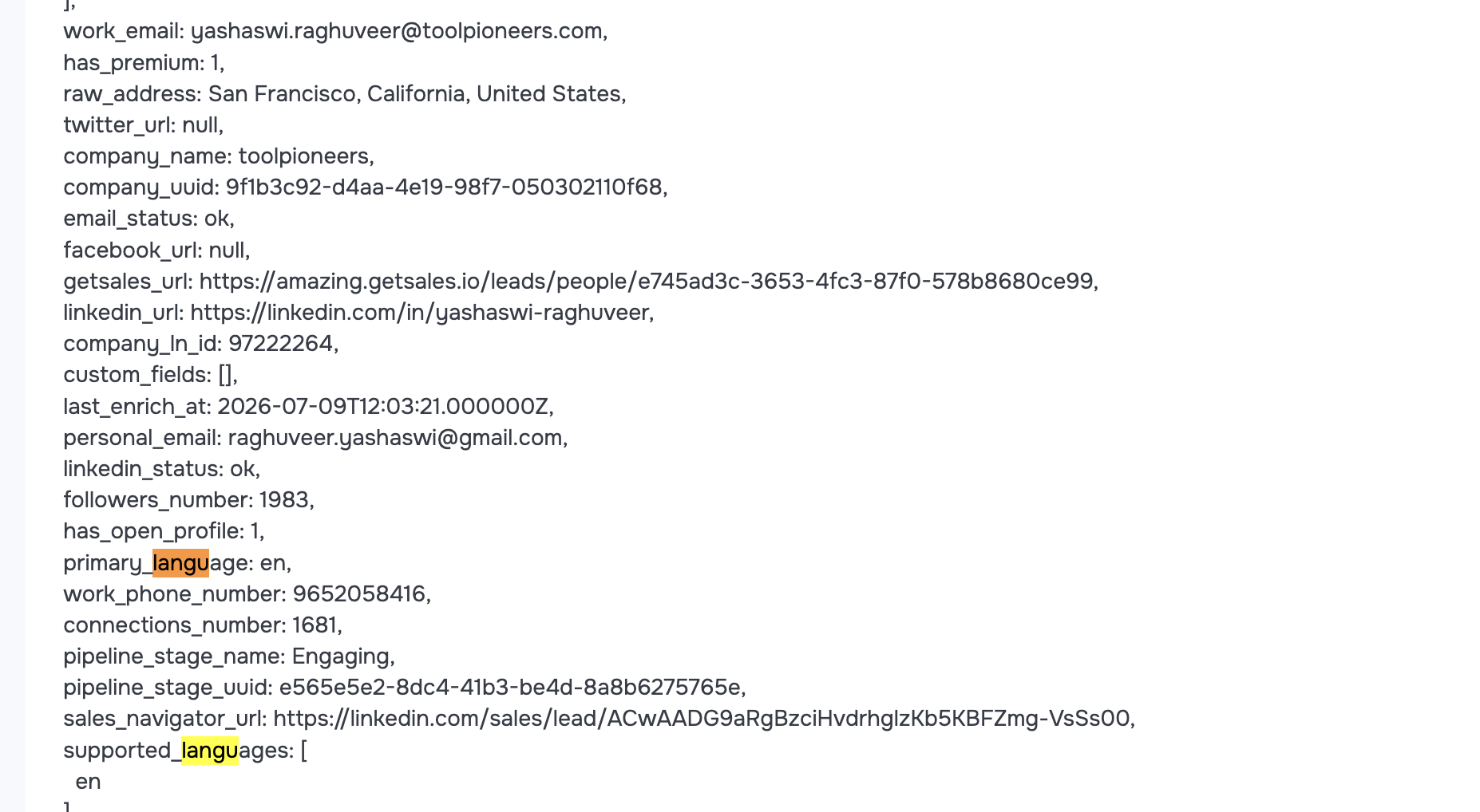 Primary language returned by GetSales enrichment on a lead record