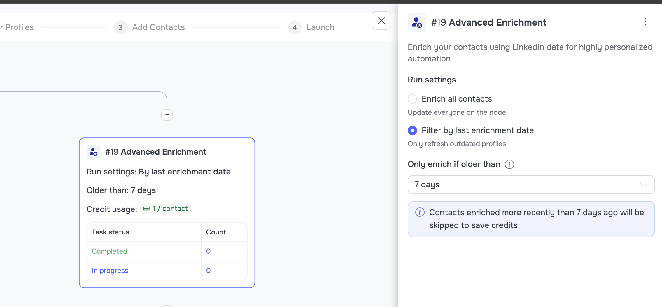 Enrich node inside a GetSales automation refreshing lead data before outreach