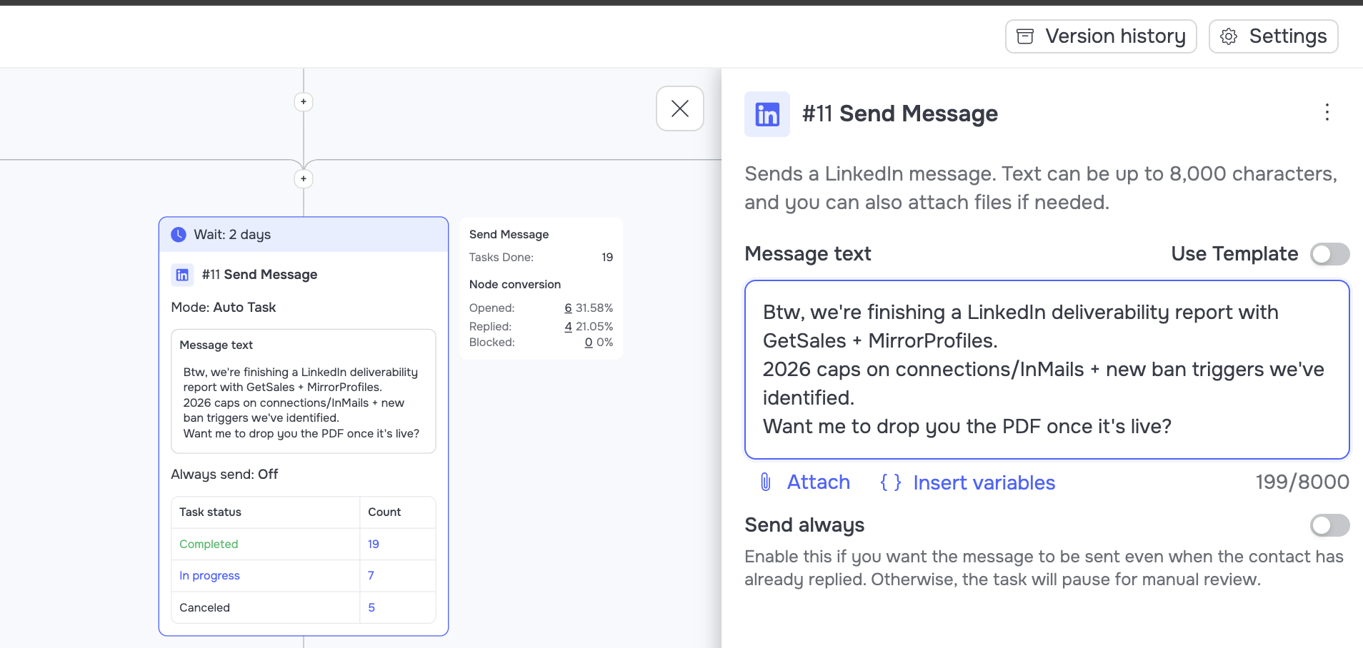 A value-first message node in a GetSales automation, running at a 21% reply rate