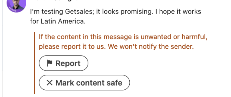 LinkedIn warning shown to a recipient when a message contains an external link