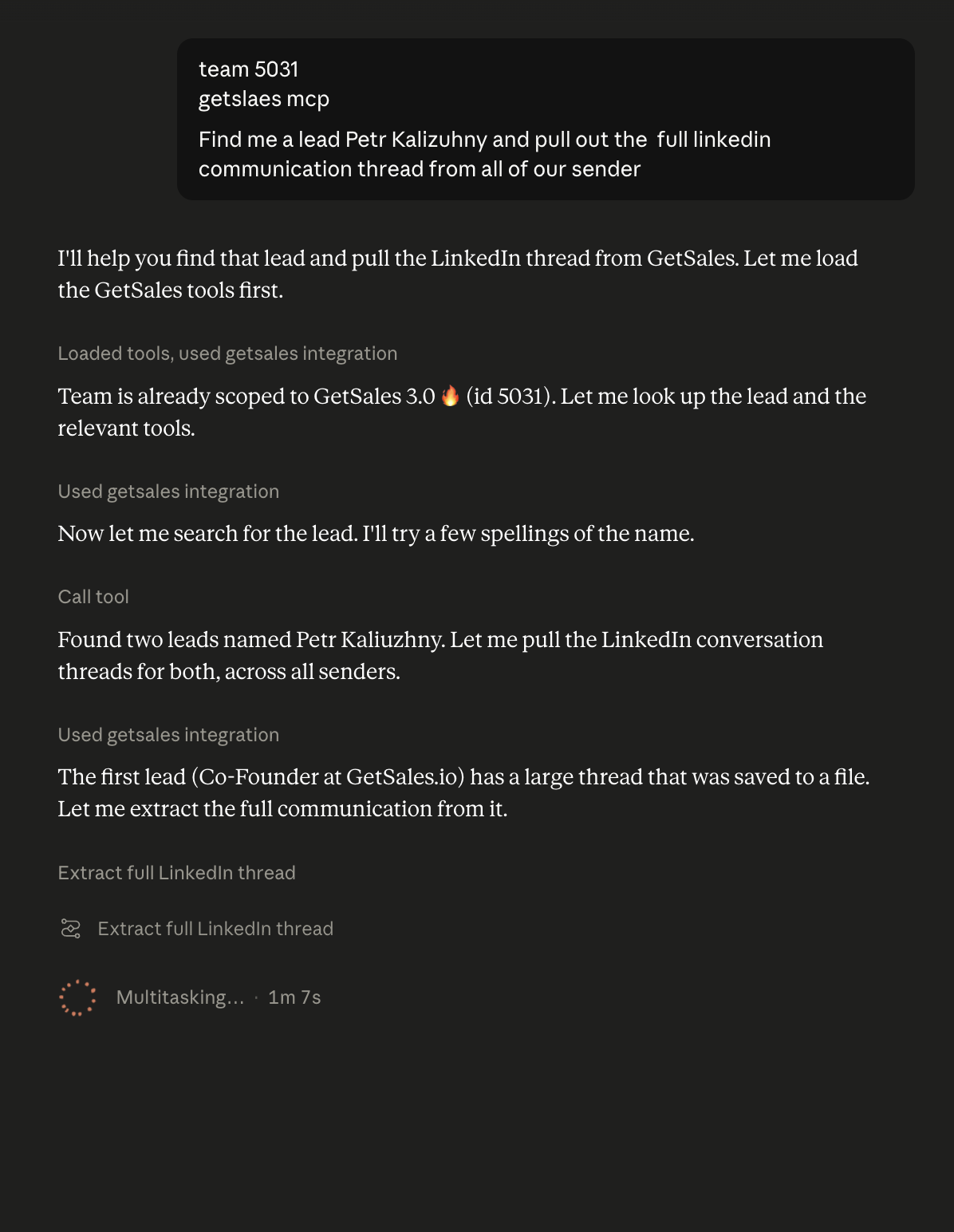 Claude working over the GetSales MCP - pulling conversation context via API