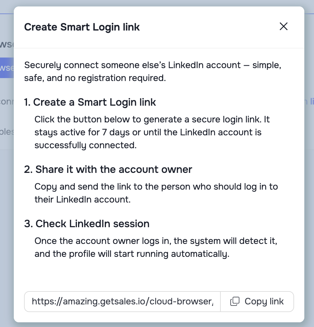 Smart Login in GetSales - one link connects a co-worker's account without credentials
