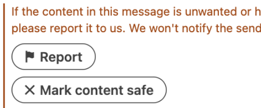 LinkedIn prompt under a message offering a one-click Report button to the recipient