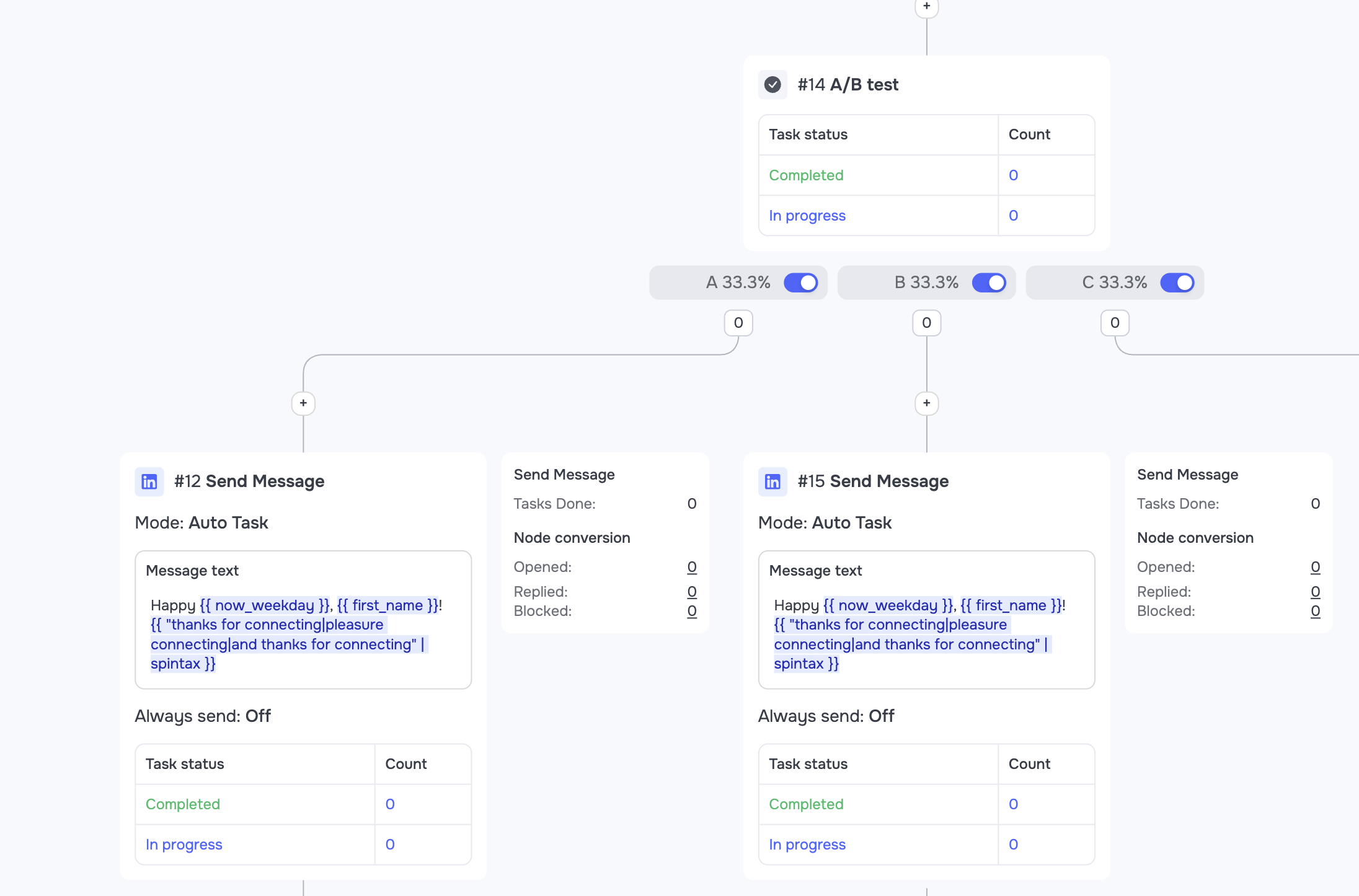 A GetSales automation splitting traffic across three message variants with spintax inside each message step