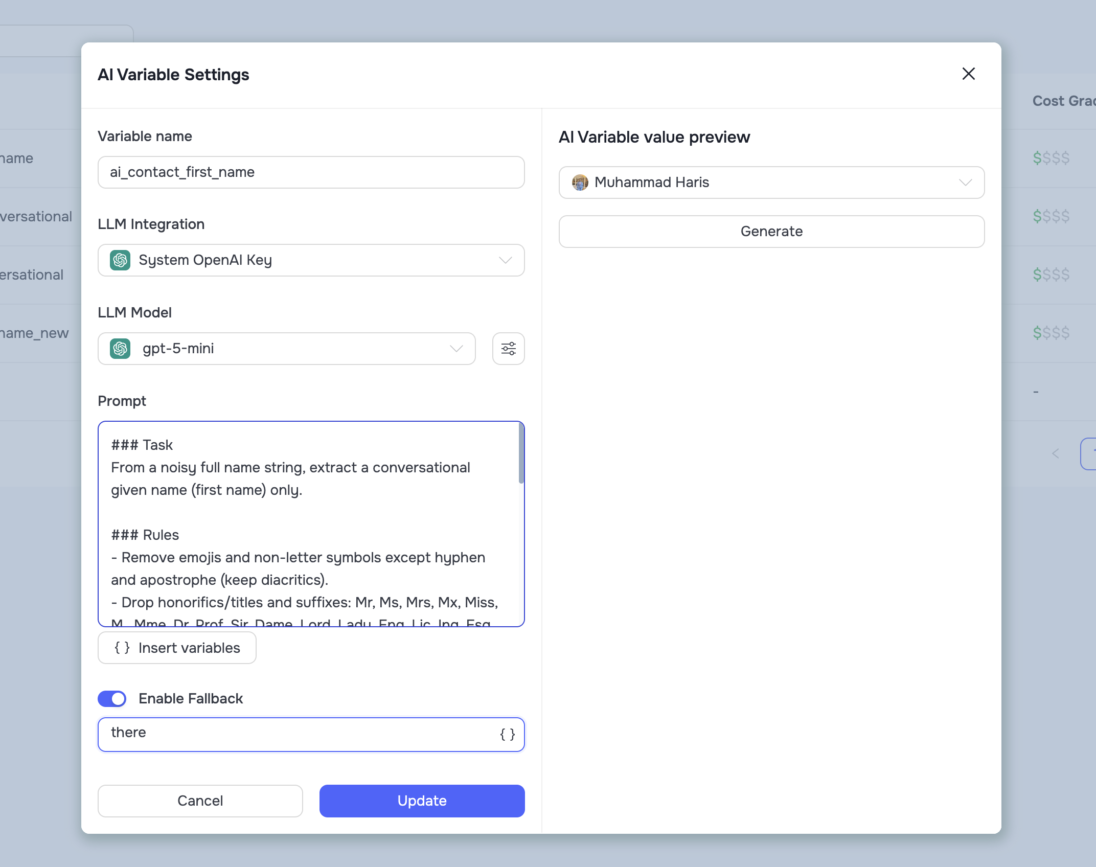 AI variable settings in GetSales with a prompt, model selection, fallback value and a live per-contact preview
