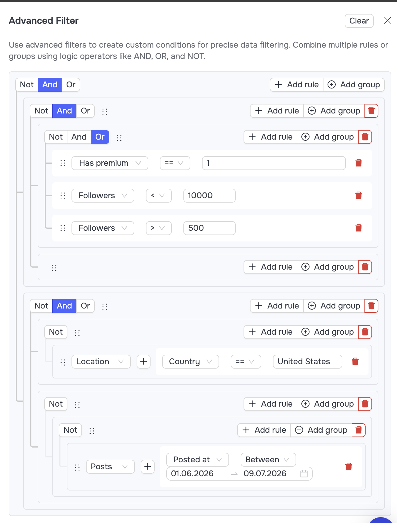 Advanced filter builder in GetSales combining rules on premium status, follower counts, country and posting activity
