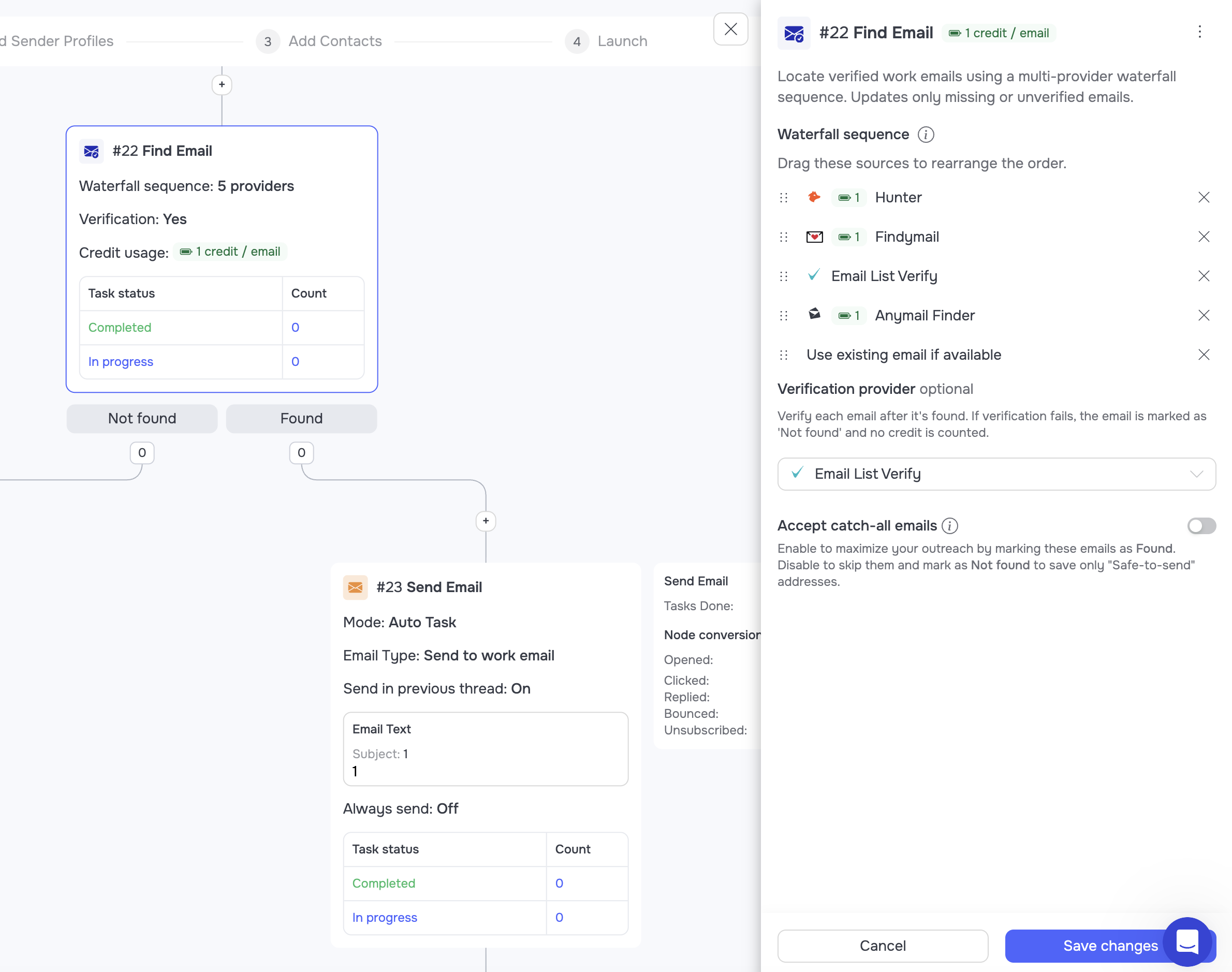 Find Email node in GetSales showing a five-provider waterfall, verification provider and the accept catch-all emails toggle