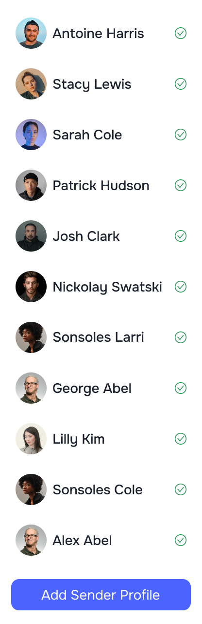 Sender Profiles · accounts with health checkmarks
