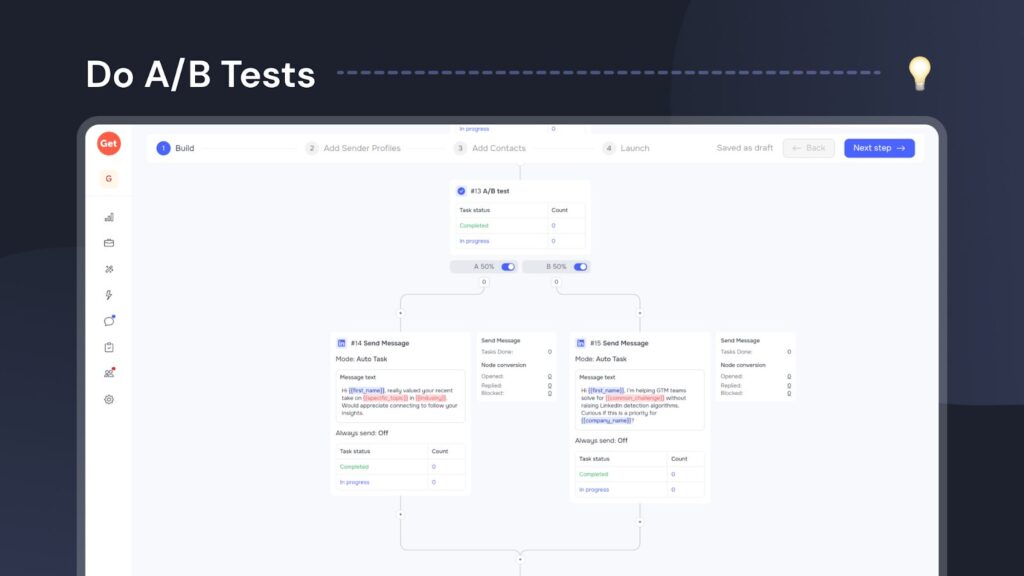 GetSales workflow builder showing an A/B test split between two message variants to optimize engagement and maintain LinkedIn automation safety