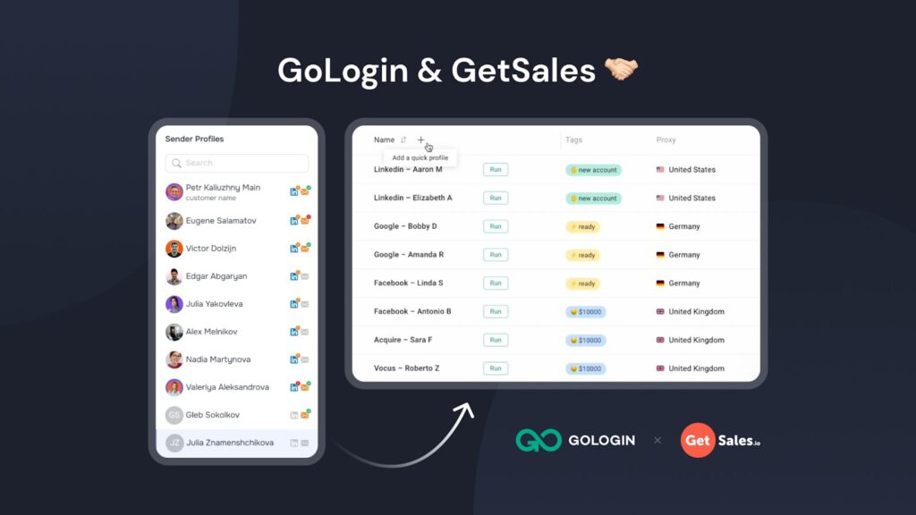 Dashboard view showing GoLogin managing isolated browser profiles with dedicated proxies, integrated with GetSales for secure LinkedIn automation safety