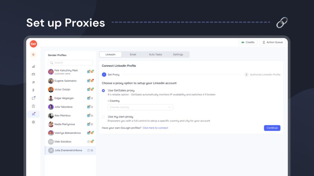 GetSales dashboard showing the 'Set up Proxies' step for connecting a LinkedIn profile, illustrating the choice between using GetSales proxy or BYOP