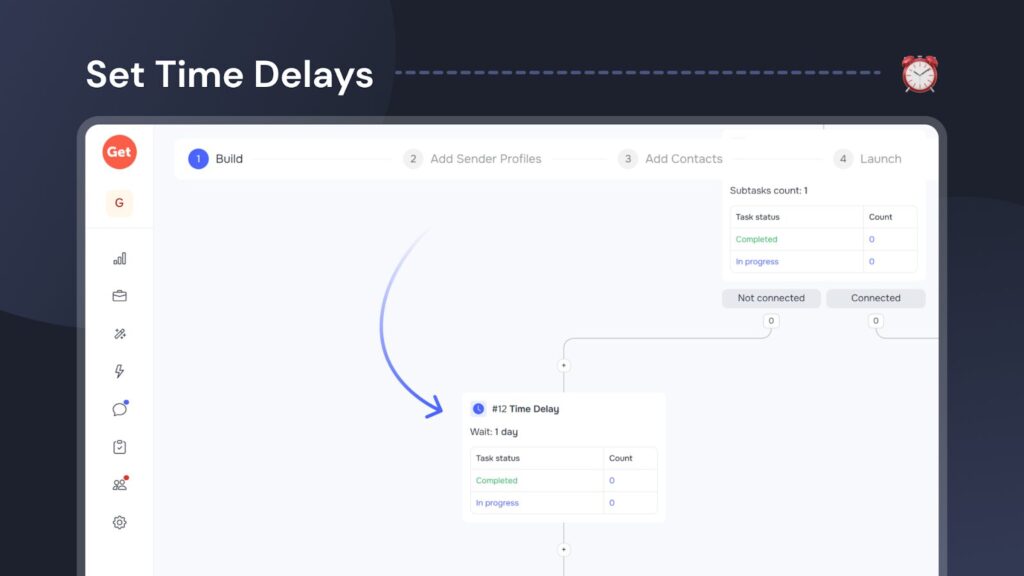 GetSales workflow builder showing the  time delay setting block, a key feature for human-like pacing in LinkedIn automation safety